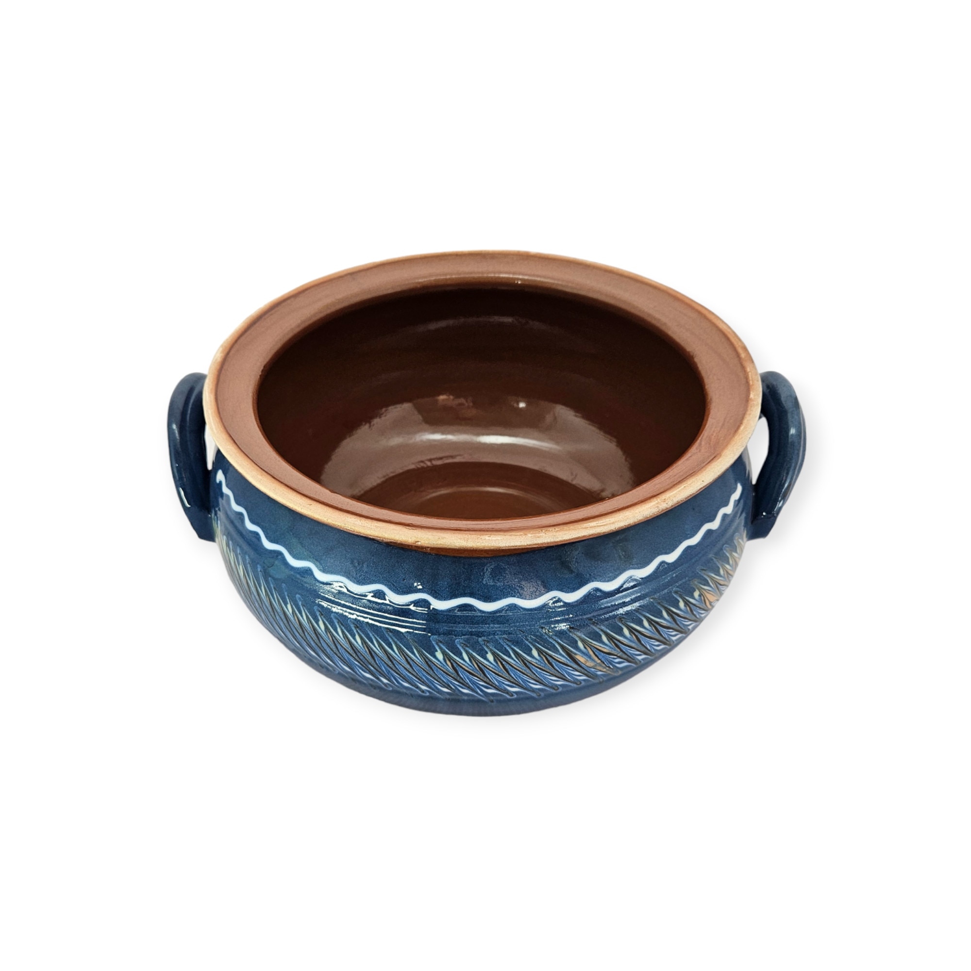 Vas de cuptor - oala de saramale, CERAMICA DE HOREZU, albastru model spic 3 litri cu toarte