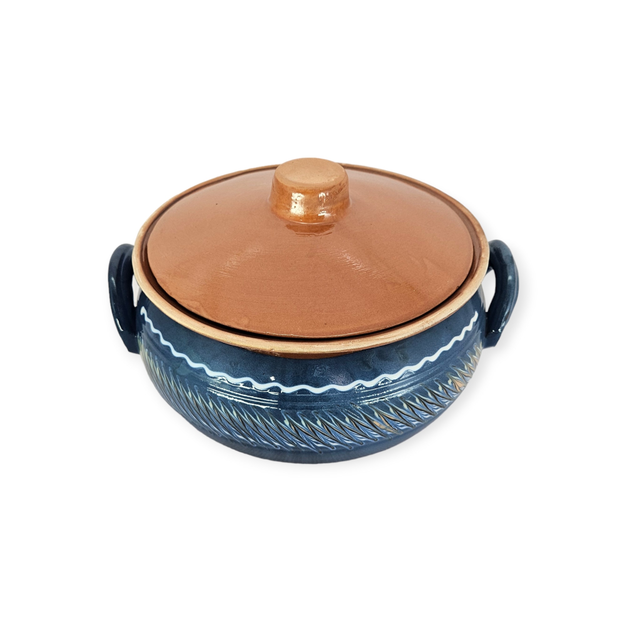 Vas termorezistent, CERAMICA DE HOREZU, oala de saramale, 3 litri, albastru, cu toarte i capac