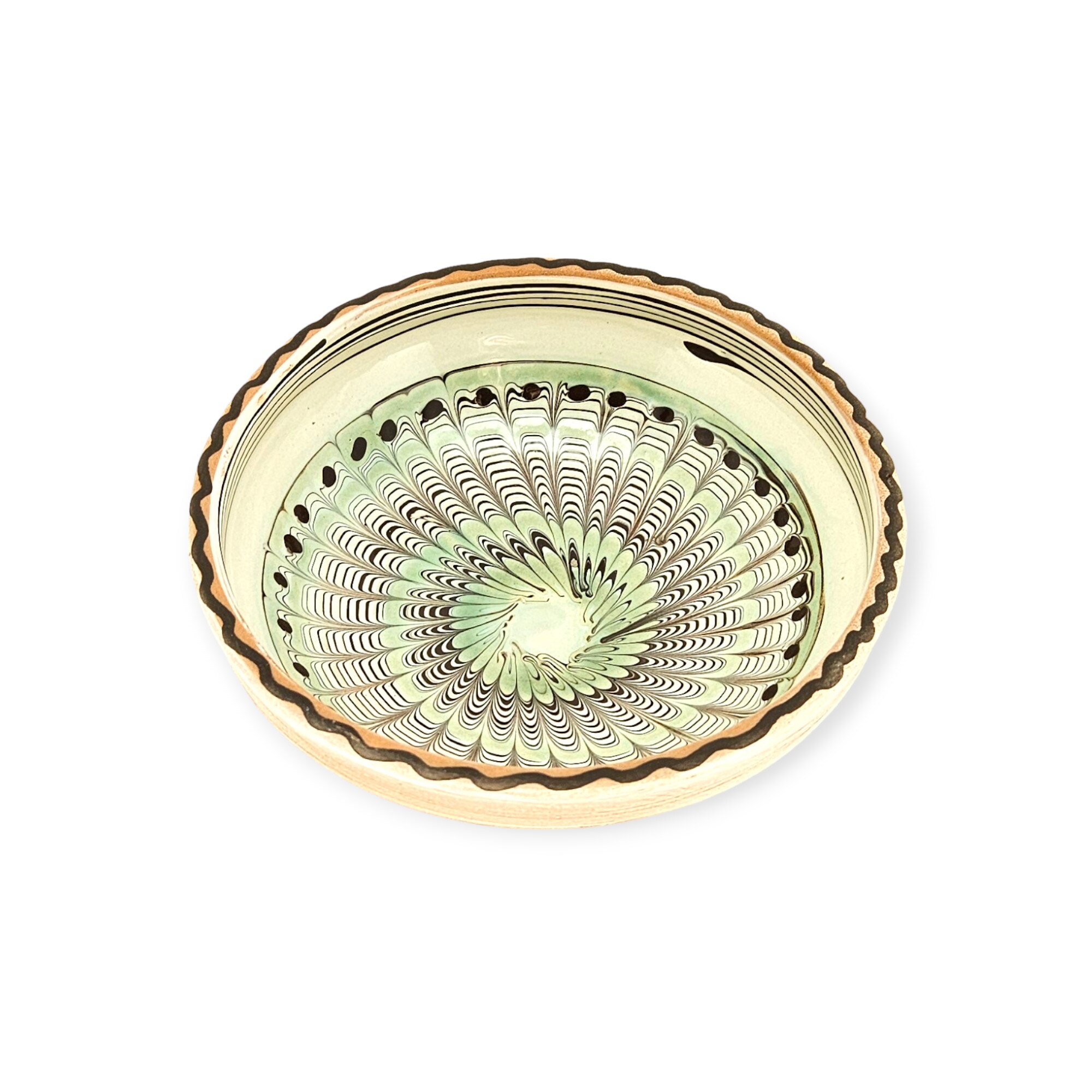 Strachina Traditionala CERAMICA DE HOREZU 13-15 cm model Coadă de Păun culoare Verde