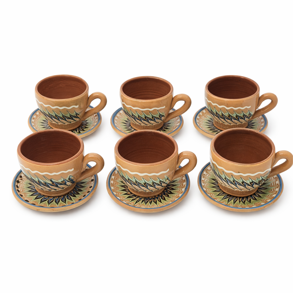 Set cesti de cafea cu farfurioara, culoare rosu, motiv traditional spic
